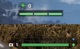 In Far Cry 4 (top) as in most games in the series, health is broken into segments that limit how much you can automatically regenerate. In Far Cry 5 (bottom), health is a single bar that will automatically regenerate in full over time.